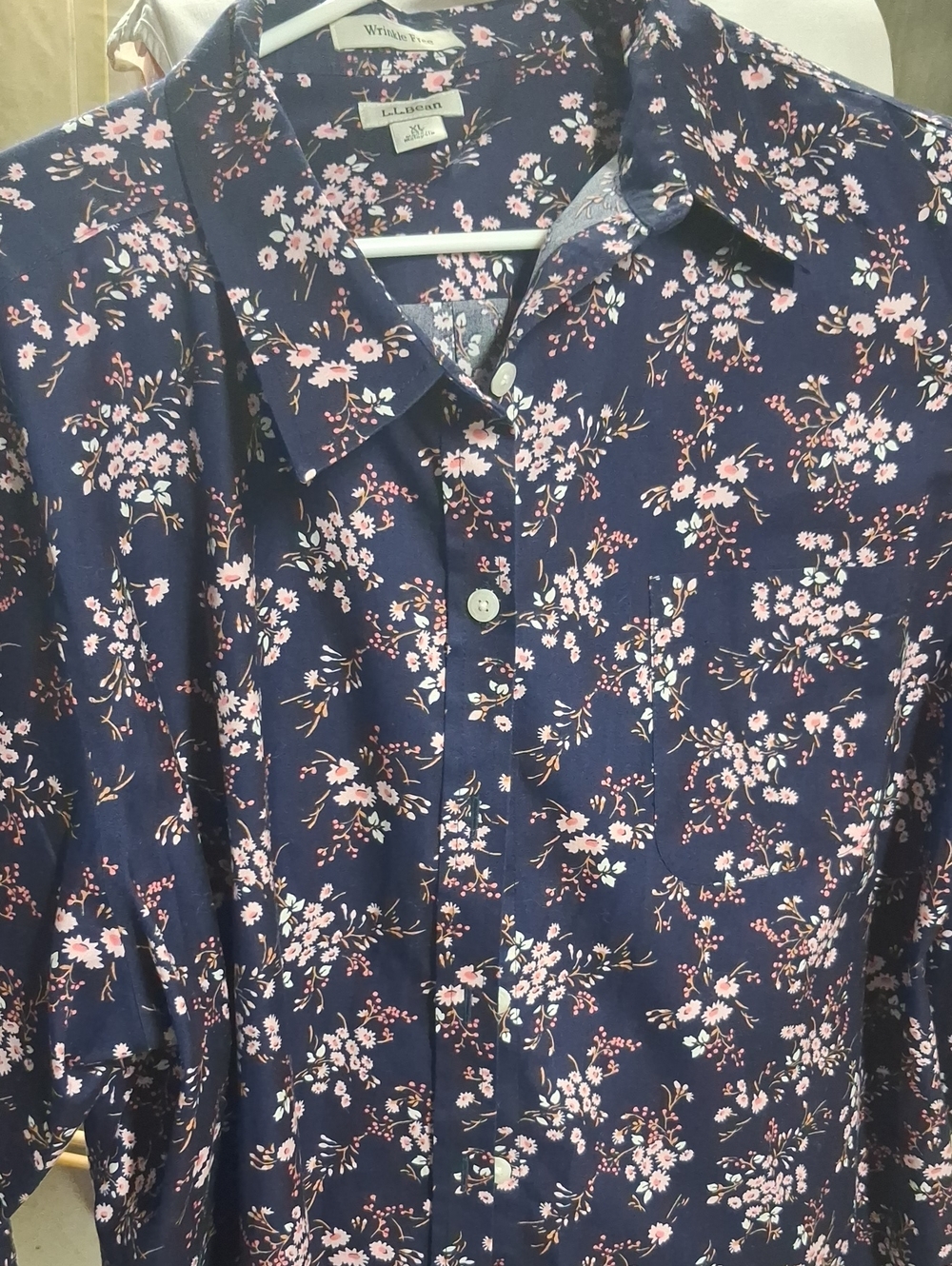 L.L. Bean Navy Shirt with Pink and Gold Floral Print